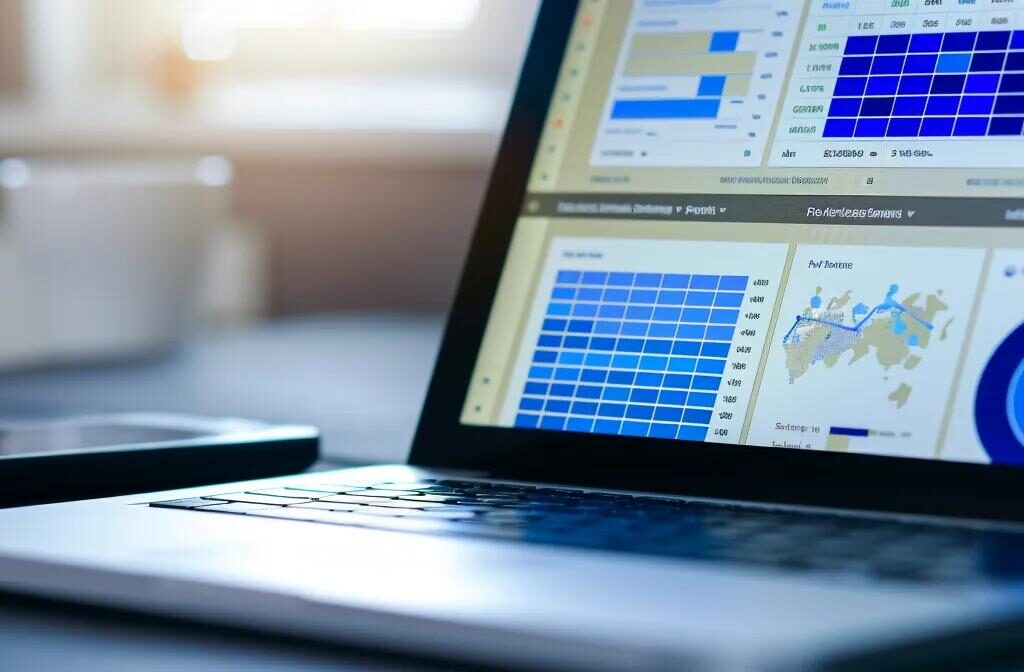 a contractor reviewing a detailed report on their computer screen, showing graphs and data on the costs, results timeframe, and long-term benefits of online reputation management.