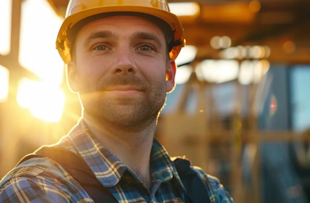 a contractor standing in front of a series of cohesive and visually appealing marketing materials, showcasing a strong and consistent brand identity.