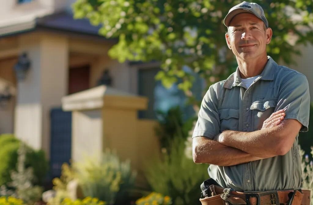 a contractor standing proudly in front of a beautifully landscaped project, showcasing a professional logo and promoting sustainability with eco-friendly practices.