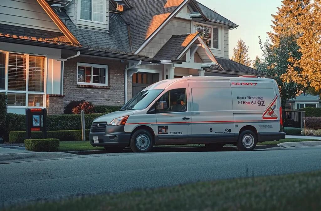 a contractor's beautifully branded work van, prominently displaying the company logo and colors, parked in front of a client's house, showcasing professionalism and expertise.