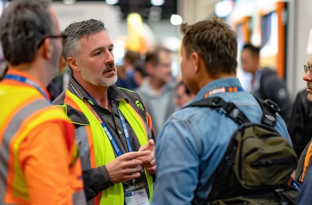 a diverse group of attendees at a construction trade show, with some engrossed in discussions about lumber while others examine electronic products on display.