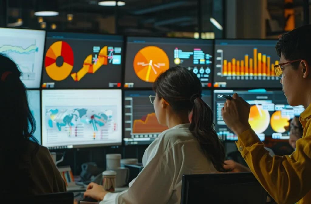 a diverse group of marketers analyzing colorful graphs and charts on computer screens to optimize client engagement strategies on social media.
