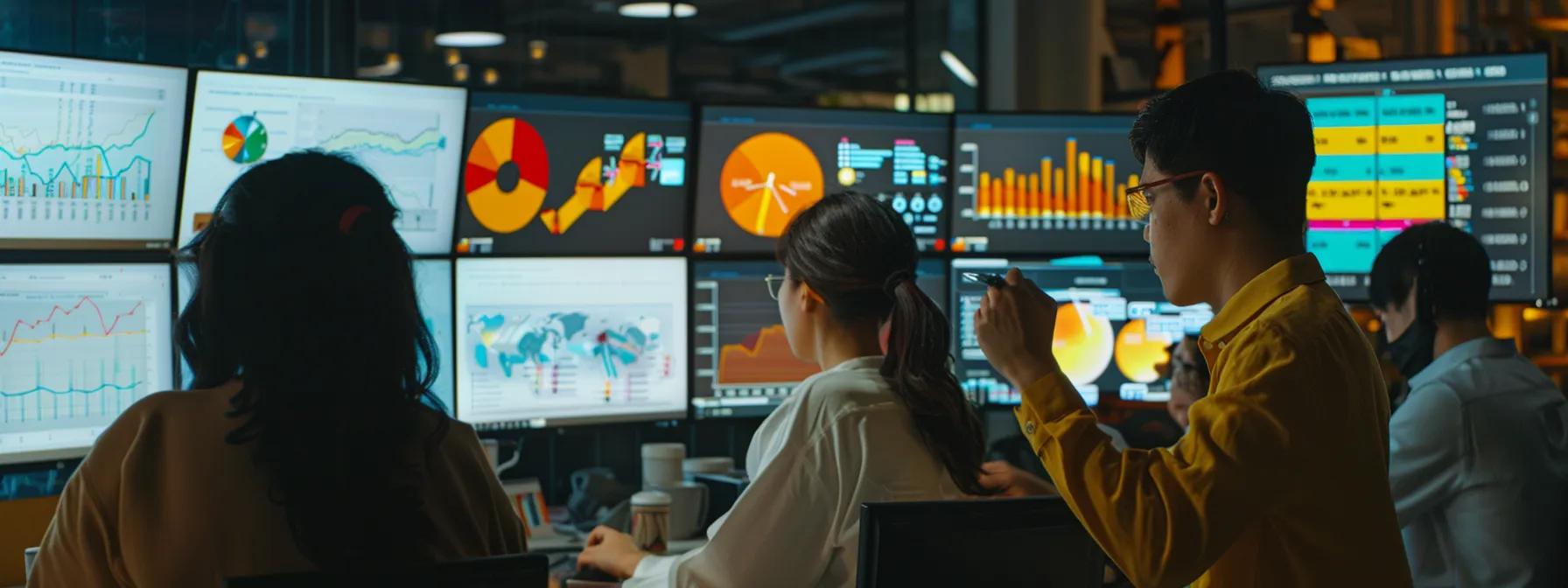 a diverse group of marketers analyzing colorful graphs and charts on computer screens to optimize client engagement strategies on social media.
