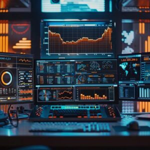 High-tech digital workspace with multiple monitors displaying analytics, graphs, and data visualizations related to pay-per-click advertising and marketing strategies for construction firms.