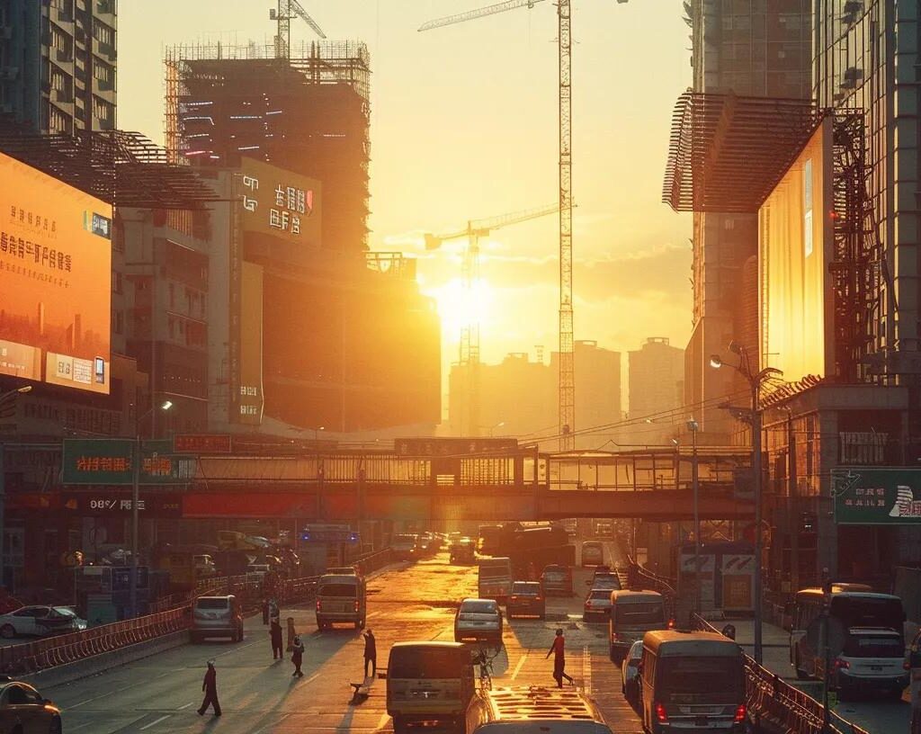 a dynamic construction site bathed in golden sunset light, showcasing digital screens displaying vibrant marketing strategies alongside workers collaborating on innovative projects.