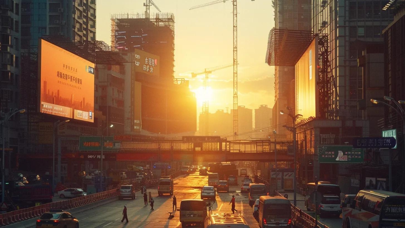 a dynamic construction site bathed in golden sunset light, showcasing digital screens displaying vibrant marketing strategies alongside workers collaborating on innovative projects.