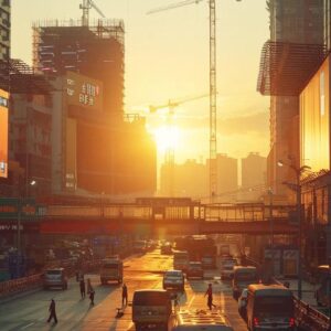 Dynamic construction site at sunset, featuring cranes, vehicles, and pedestrians, symbolizing growth in the construction industry and digital marketing strategies.