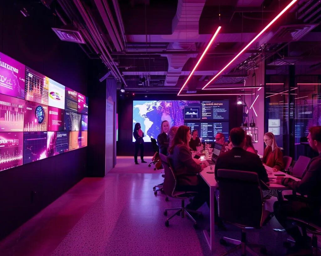 a dynamic office environment showcases a diverse team engaged in creative brainstorming, with vibrant branding posters and a large screen displaying market analytics, all bathed in warm, natural light to evoke a sense of innovation and collaboration.