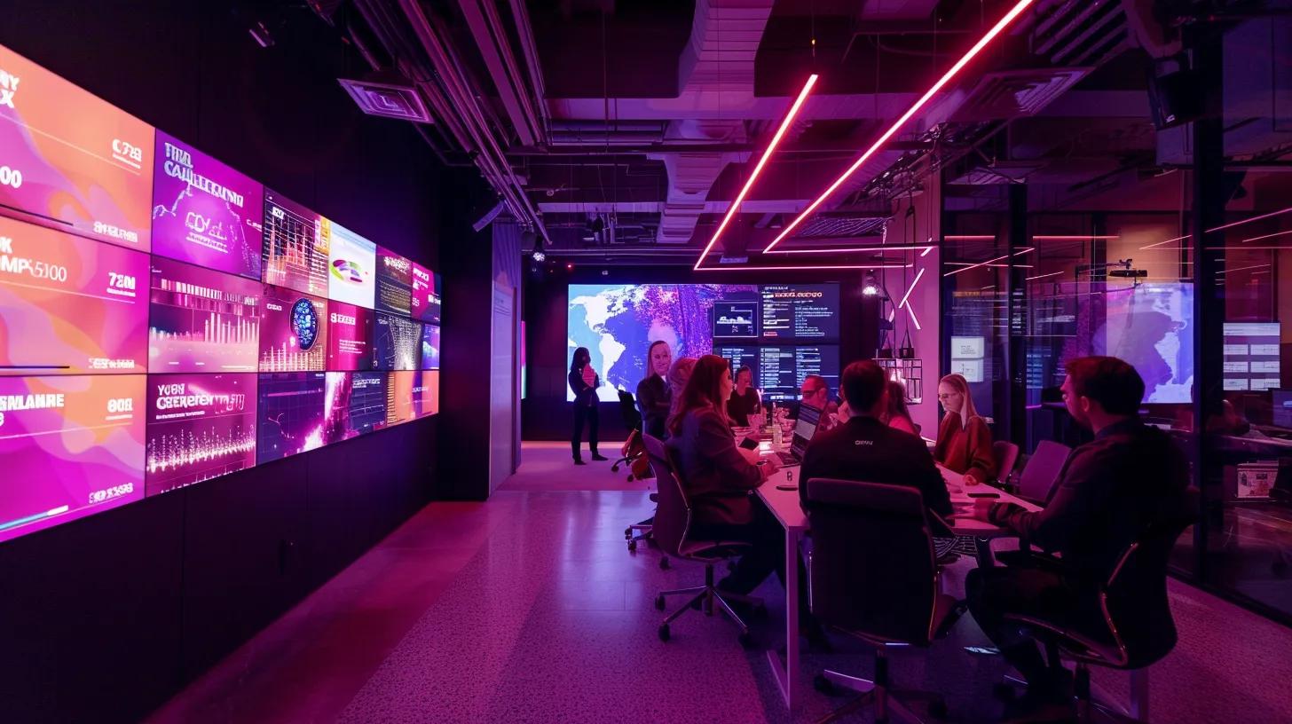 a dynamic office environment showcases a diverse team engaged in creative brainstorming, with vibrant branding posters and a large screen displaying market analytics, all bathed in warm, natural light to evoke a sense of innovation and collaboration.