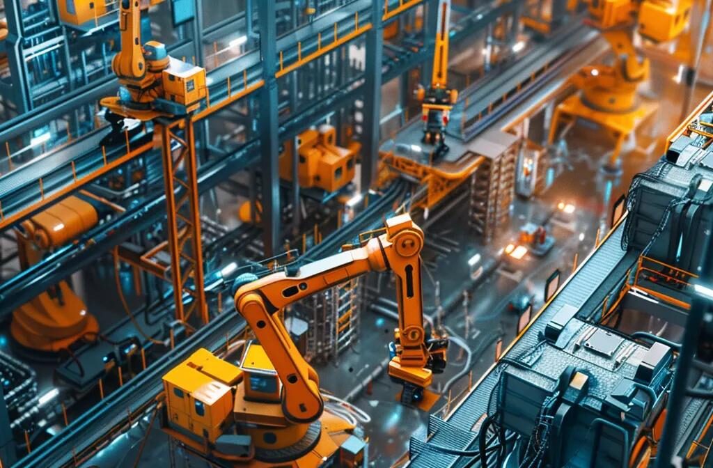 a futuristic construction site with robotic arms installing digital links, showcasing the integration of ai and automation in link building strategies for construction firms.