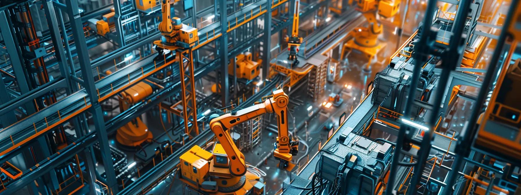 a futuristic construction site with robotic arms installing digital links, showcasing the integration of ai and automation in link building strategies for construction firms.