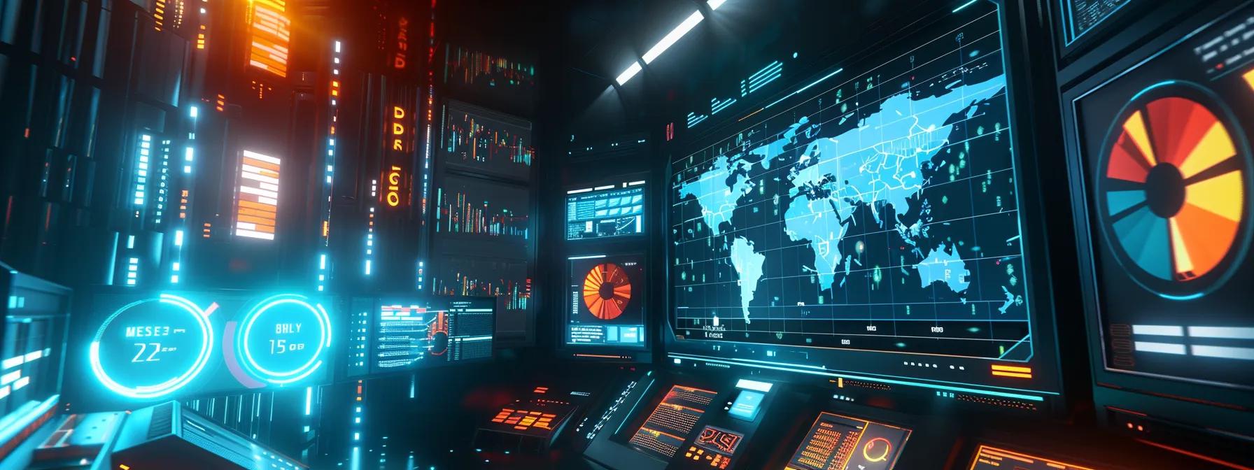 a futuristic digital dashboard displaying real-time analytics data for a construction company's website, with vibrant charts and graphs indicating improved seo performance.