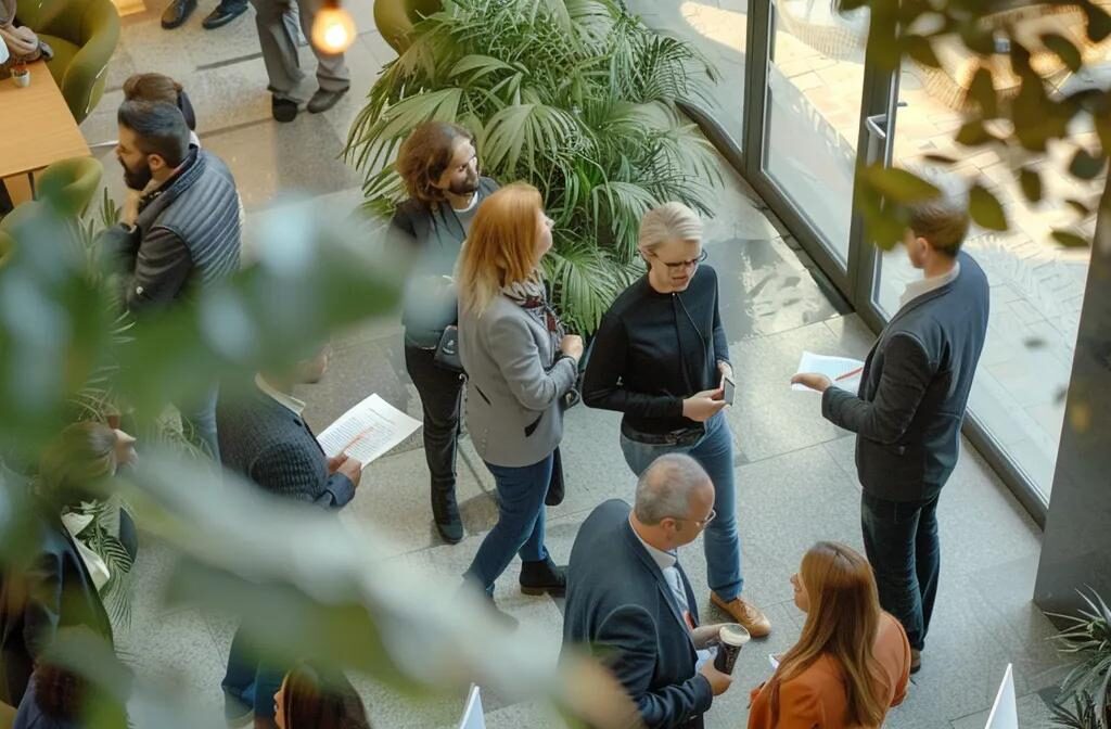 a group of construction professionals engaging in a lively discussion at a networking event, surrounded by industry research papers and case studies.