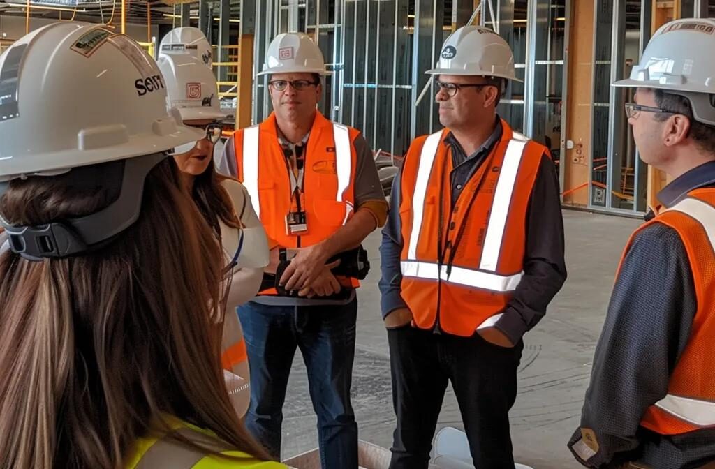 a group of construction professionals engaging in an online forum, discussing sustainability and problem-solving strategies while sharing industry expertise on social media.