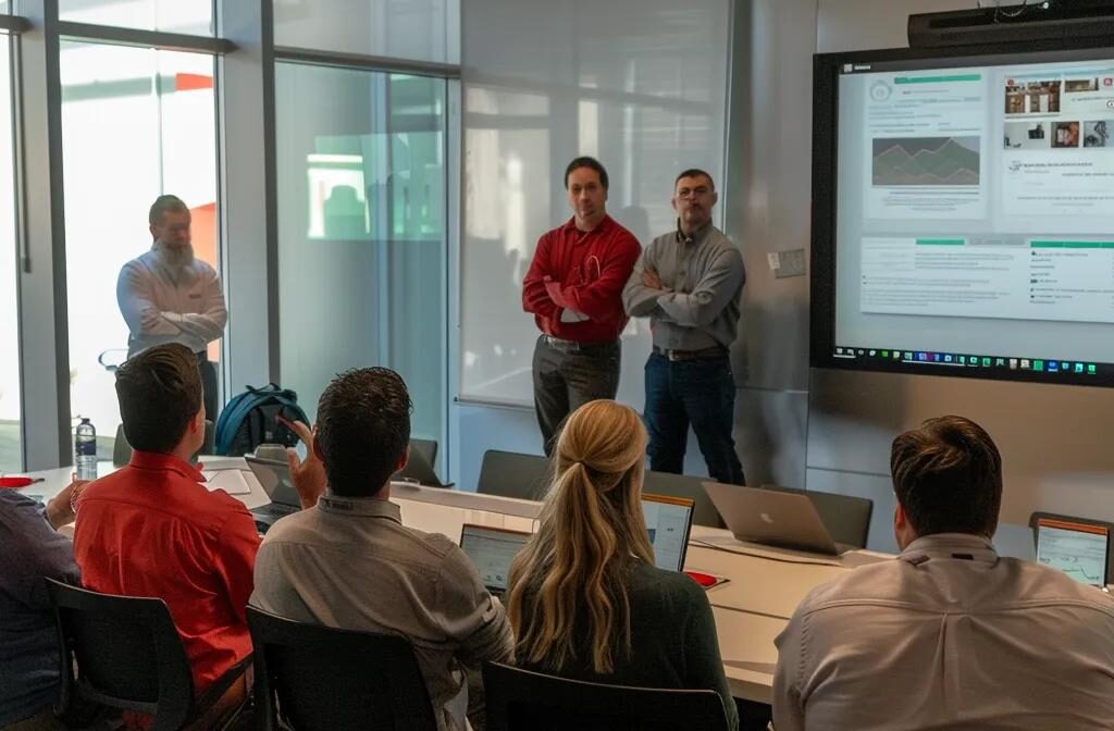 a group of construction workers discussing social media branding strategies while surrounded by detailed personas, branding guidelines, and visually engaging infographics.