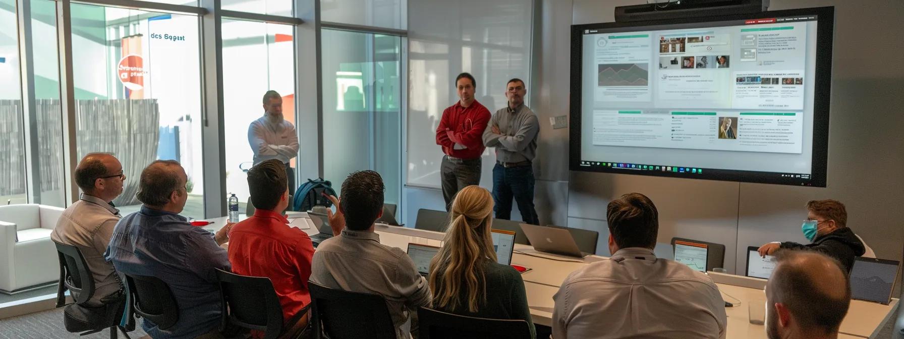 a group of construction workers discussing social media branding strategies while surrounded by detailed personas, branding guidelines, and visually engaging infographics.