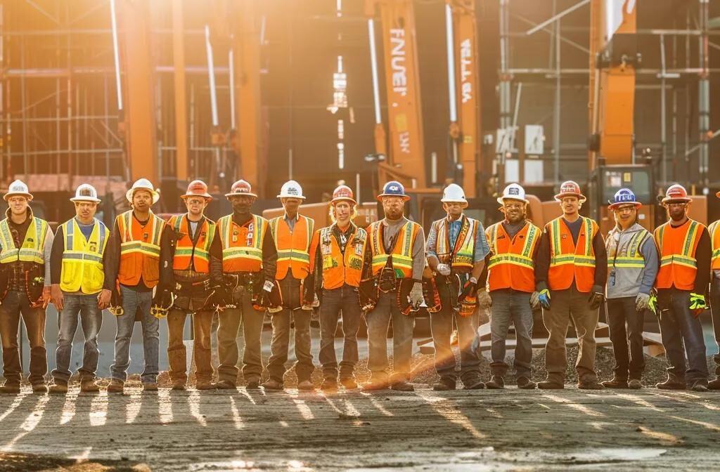 a group of construction workers standing proudly in front of a completed project, showcasing teamwork and dedication to their brand's core values.