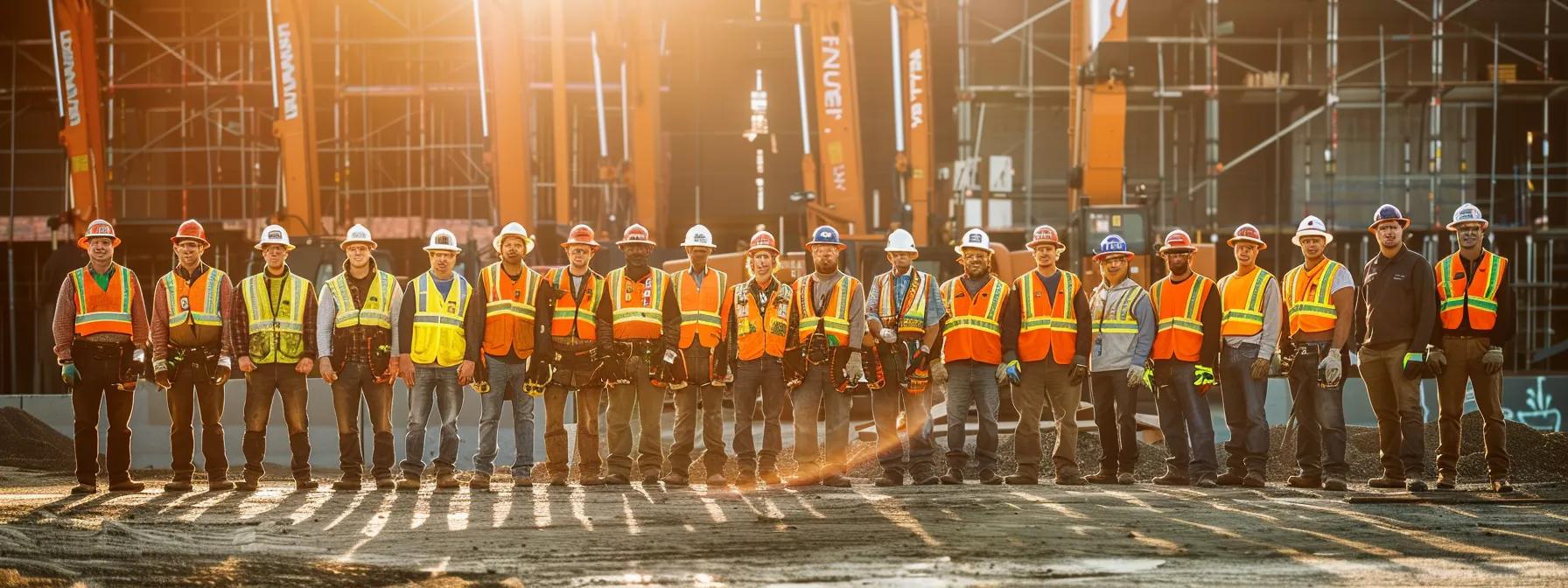 a group of construction workers standing proudly in front of a completed project, showcasing teamwork and dedication to their brand's core values.