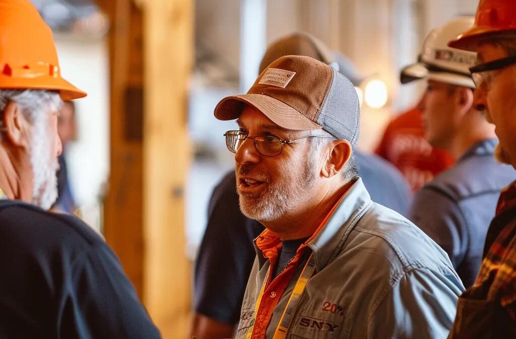 a group of contractors engaged in a lively conversation at a community construction event, showcasing their commitment to industry development and networking opportunities.