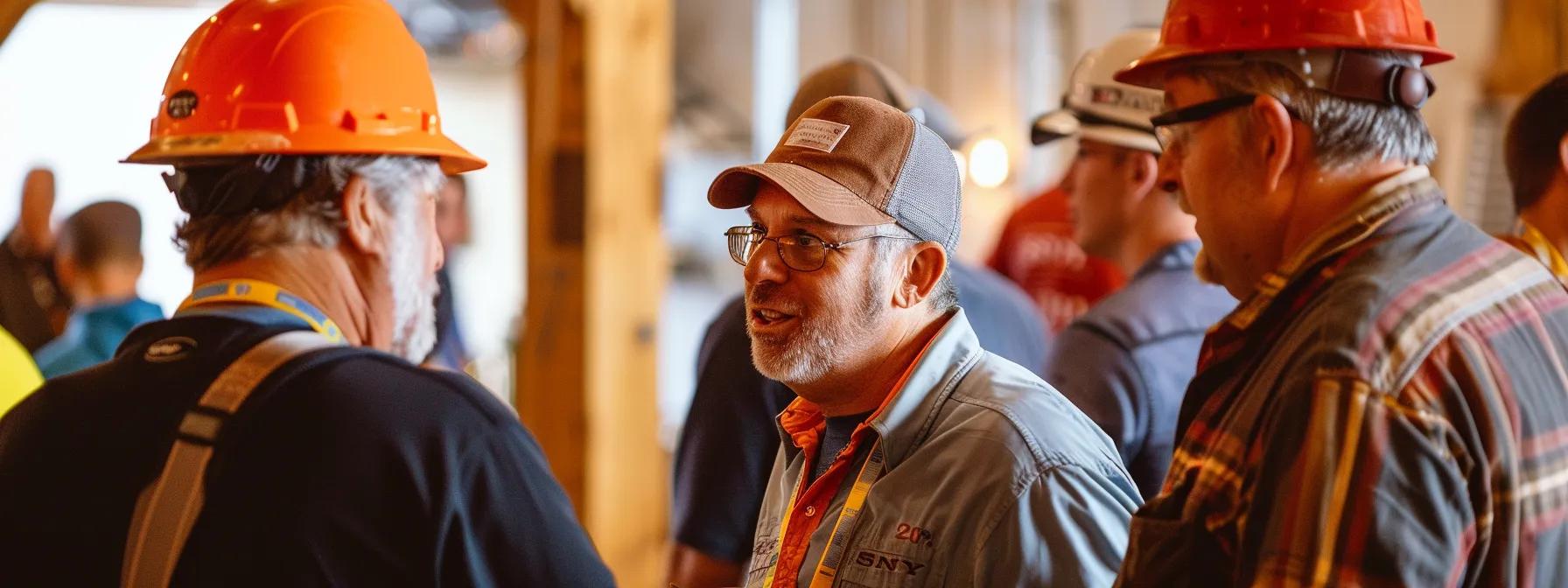 a group of contractors engaged in a lively conversation at a community construction event, showcasing their commitment to industry development and networking opportunities.
