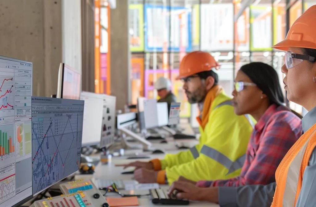 a group of diverse construction professionals analyzing data on computers, with charts and graphs displayed on large screens in a modern office setting.