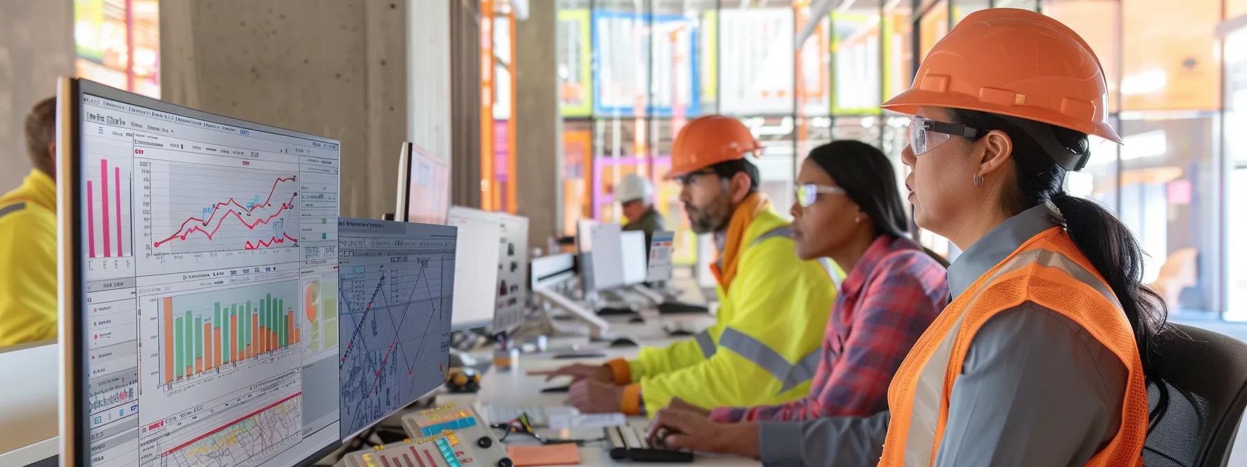 a group of diverse construction professionals analyzing data on computers, with charts and graphs displayed on large screens in a modern office setting.