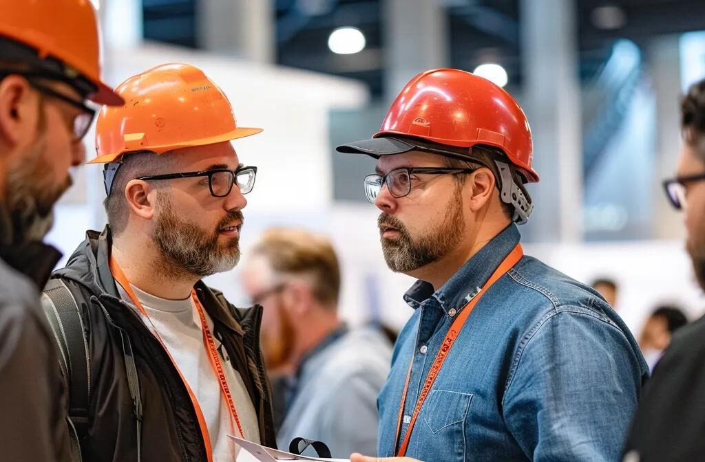 a group of exhibitors engaged in lively conversations and exchanging business cards at a construction trade show, showcasing strong networking opportunities.