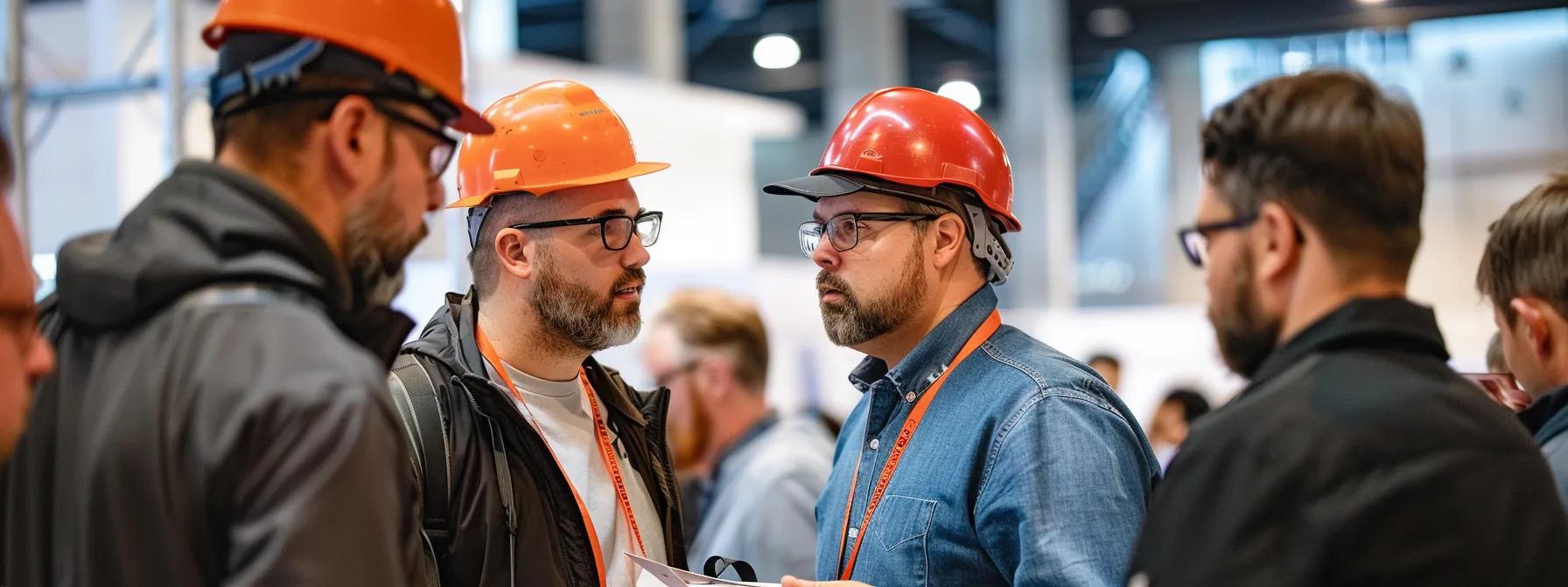 a group of exhibitors engaged in lively conversations and exchanging business cards at a construction trade show, showcasing strong networking opportunities.