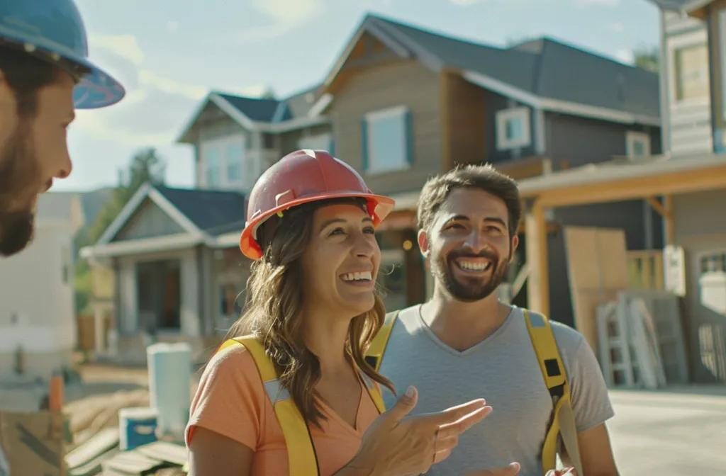 a group of happy homeowners receiving personalized rewards in a construction site, showcasing a successful and engaging incentive structure.