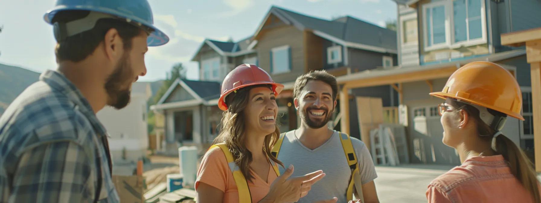a group of happy homeowners receiving personalized rewards in a construction site, showcasing a successful and engaging incentive structure.