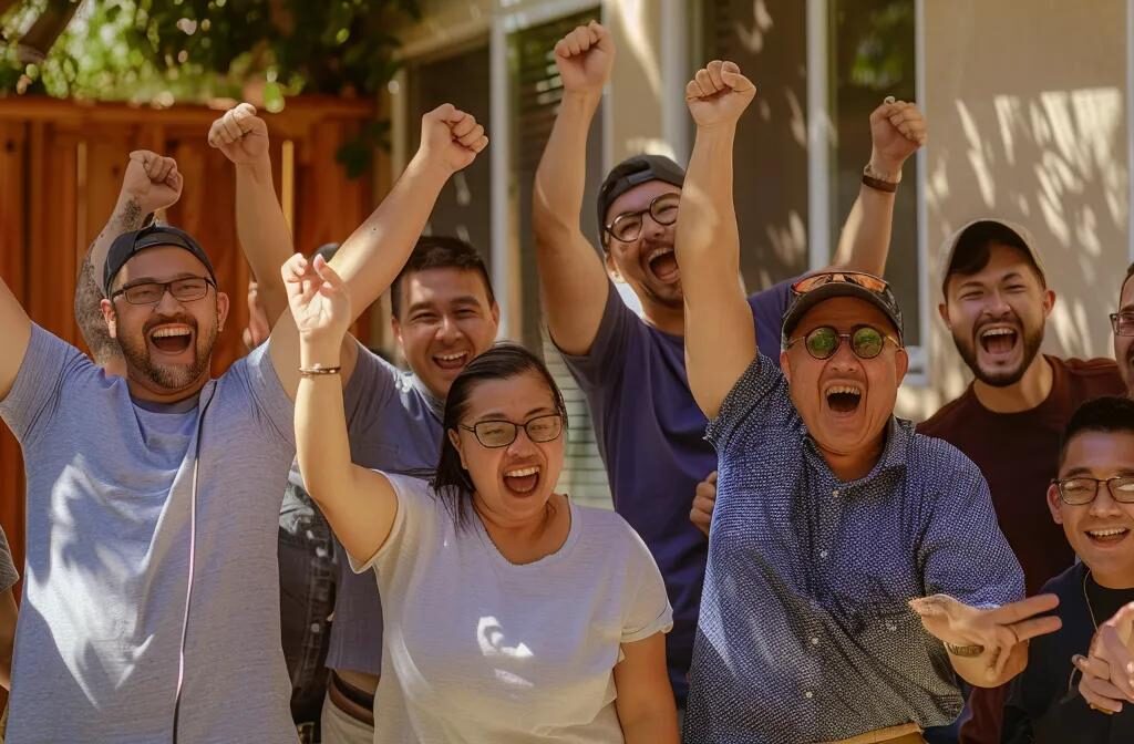 a group of satisfied homeowners proudly showing off their newly built houses to potential clients, with beaming smiles and enthusiastic gestures.