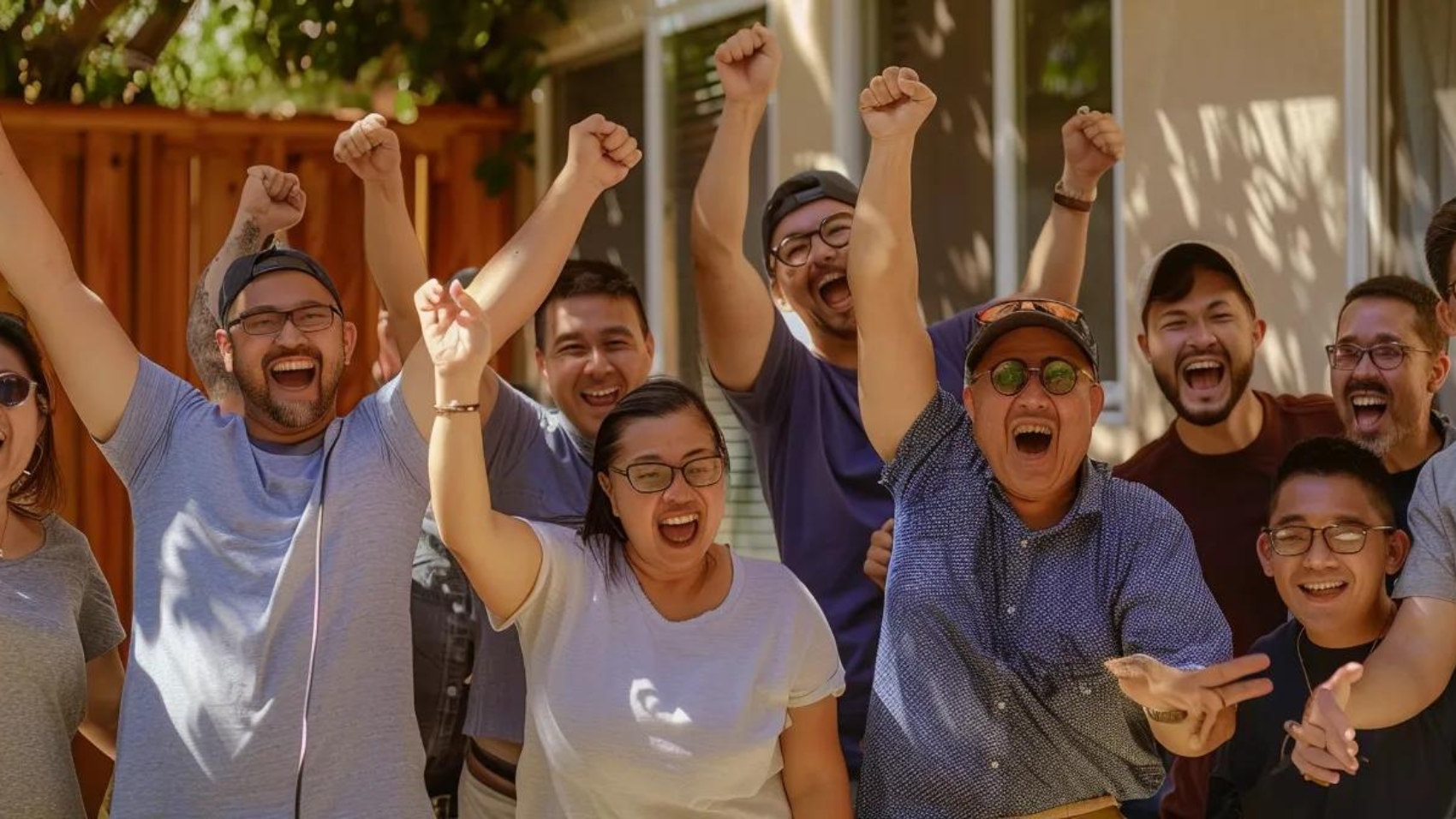 a group of satisfied homeowners proudly showing off their newly built houses to potential clients, with beaming smiles and enthusiastic gestures.