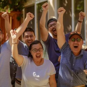 Group of satisfied homeowners celebrating success in a community setting, showcasing joy and enthusiasm relevant to construction marketing and client satisfaction.