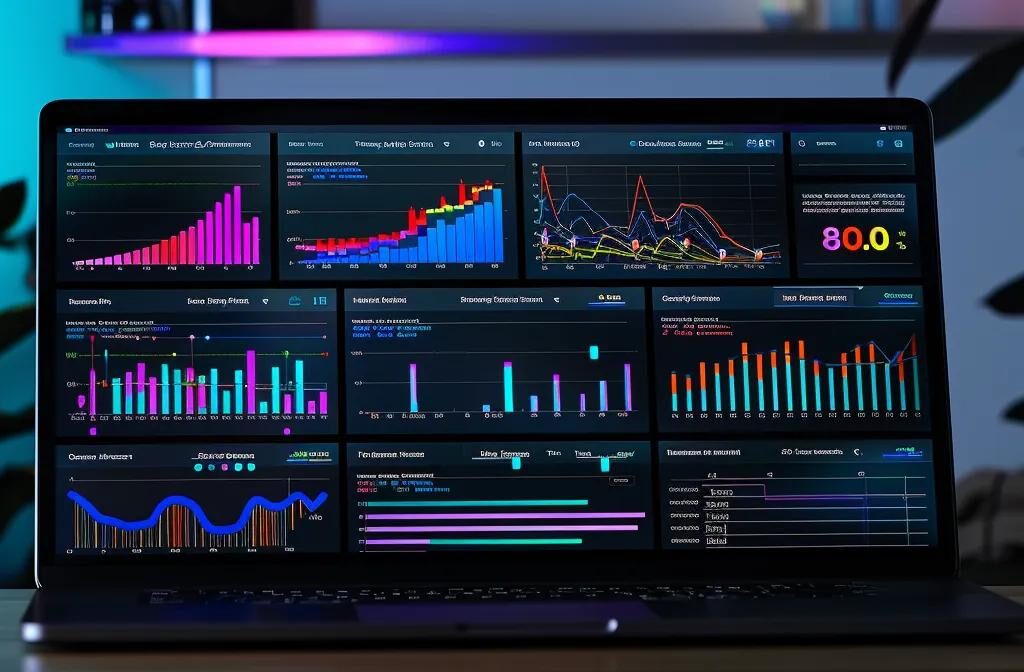 a laptop screen displaying a detailed analytics dashboard with colorful graphs and charts, showcasing marketing campaign performance metrics for a contractor.