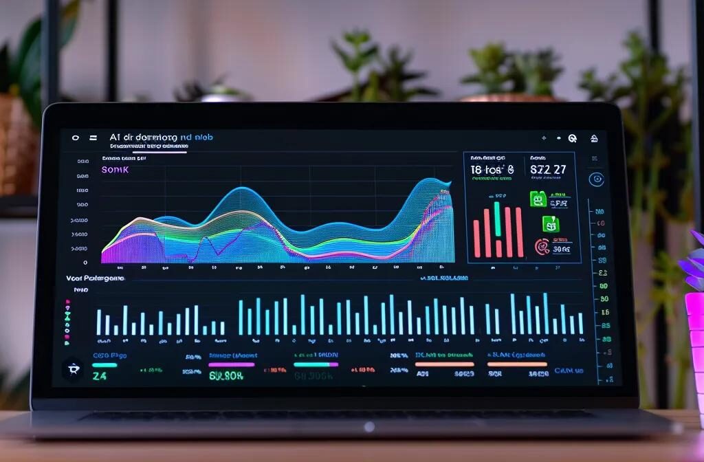 a laptop screen displaying a website analytics dashboard with colorful graphs and metrics, showing the impact of seo strategies on a construction company's online visibility.