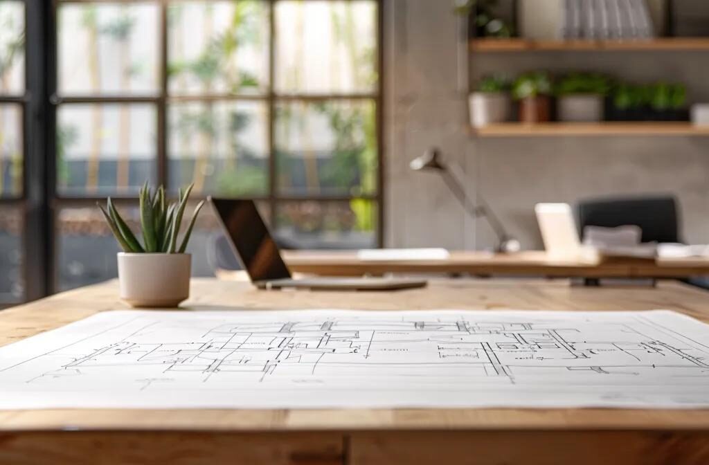 a large, sleekly designed blueprint with bold branding elements stands out on a wooden table in a modern, minimalist office setting.