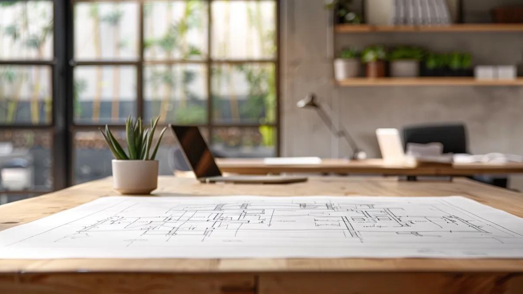 a large, sleekly designed blueprint with bold branding elements stands out on a wooden table in a modern, minimalist office setting.