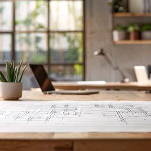 Blueprint on a wooden table with a laptop and potted plant, illustrating branding and marketing strategies for construction firms.