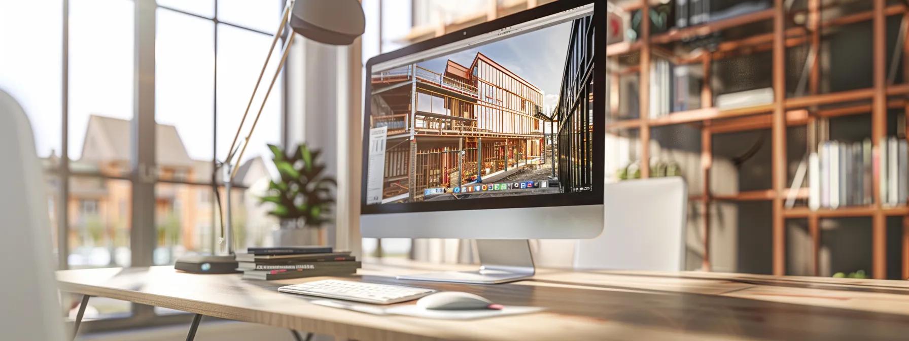 a modern construction firm's sleek and professional website displayed on a computer screen, highlighting their portfolio and core values to attract potential clients.