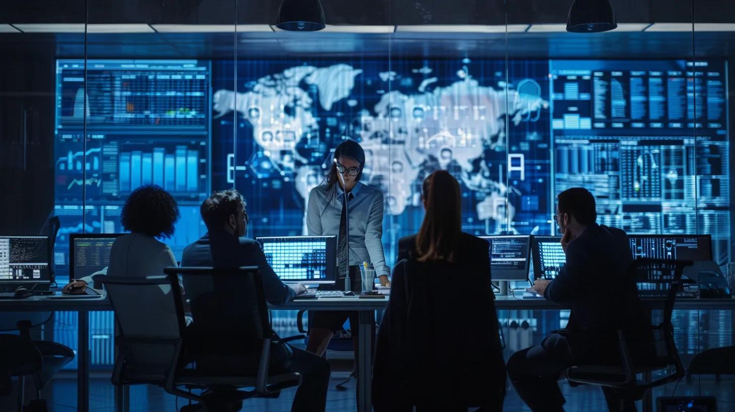 a modern digital marketing strategy meeting is captured in a sleek, well-lit office, showcasing a diverse team engaged in dynamic discussions around a large screen displaying vibrant data visualizations.