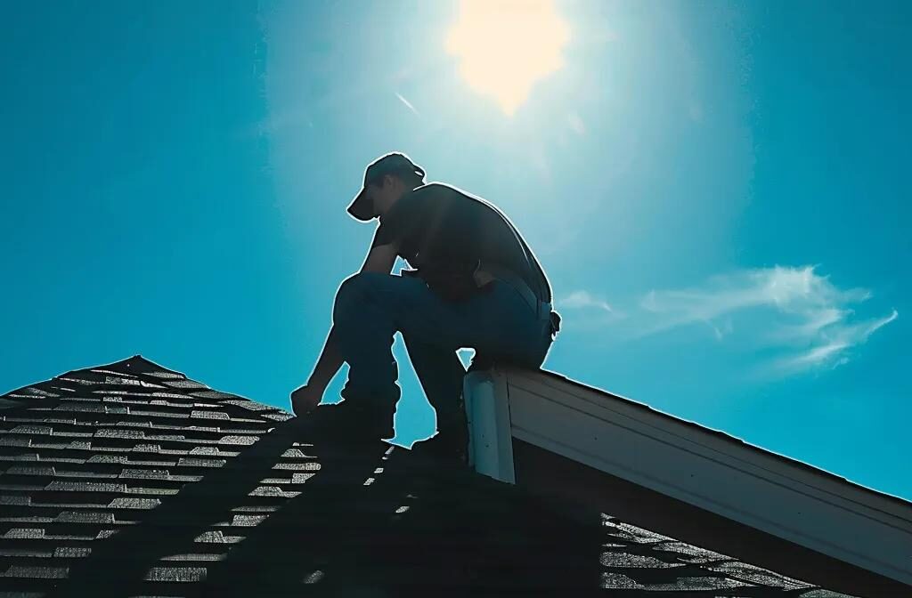 a roofer diligently working on a residential roof under a clear blue sky, showcasing the importance of maintaining a positive online reputation for contracting businesses.