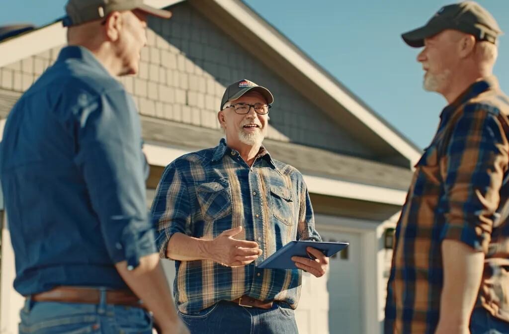 a roofer interacting with satisfied customers in front of a newly completed project, showcasing positive online reputation management strategies and consistent branding.