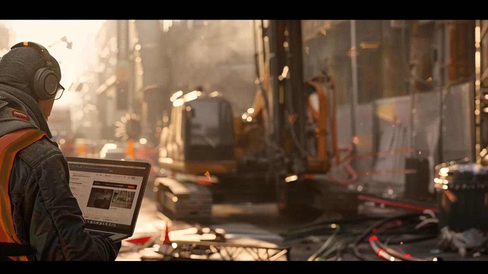 a rugged construction worker proudly displaying a branded website on his laptop against a backdrop of a bustling construction site.