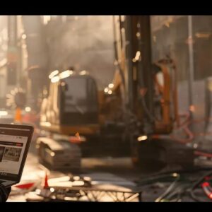 Construction worker using a tablet on a job site with heavy machinery in the background, emphasizing digital tools in construction marketing and web design.