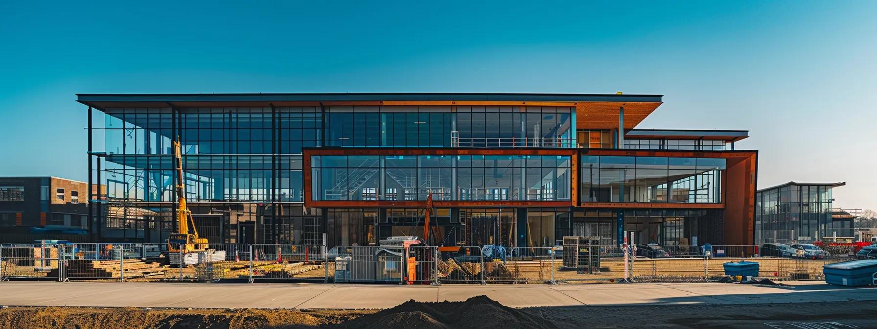 a sleek, modern construction site with bold branding elements, showcasing the importance of a unique brand identity in the industry.