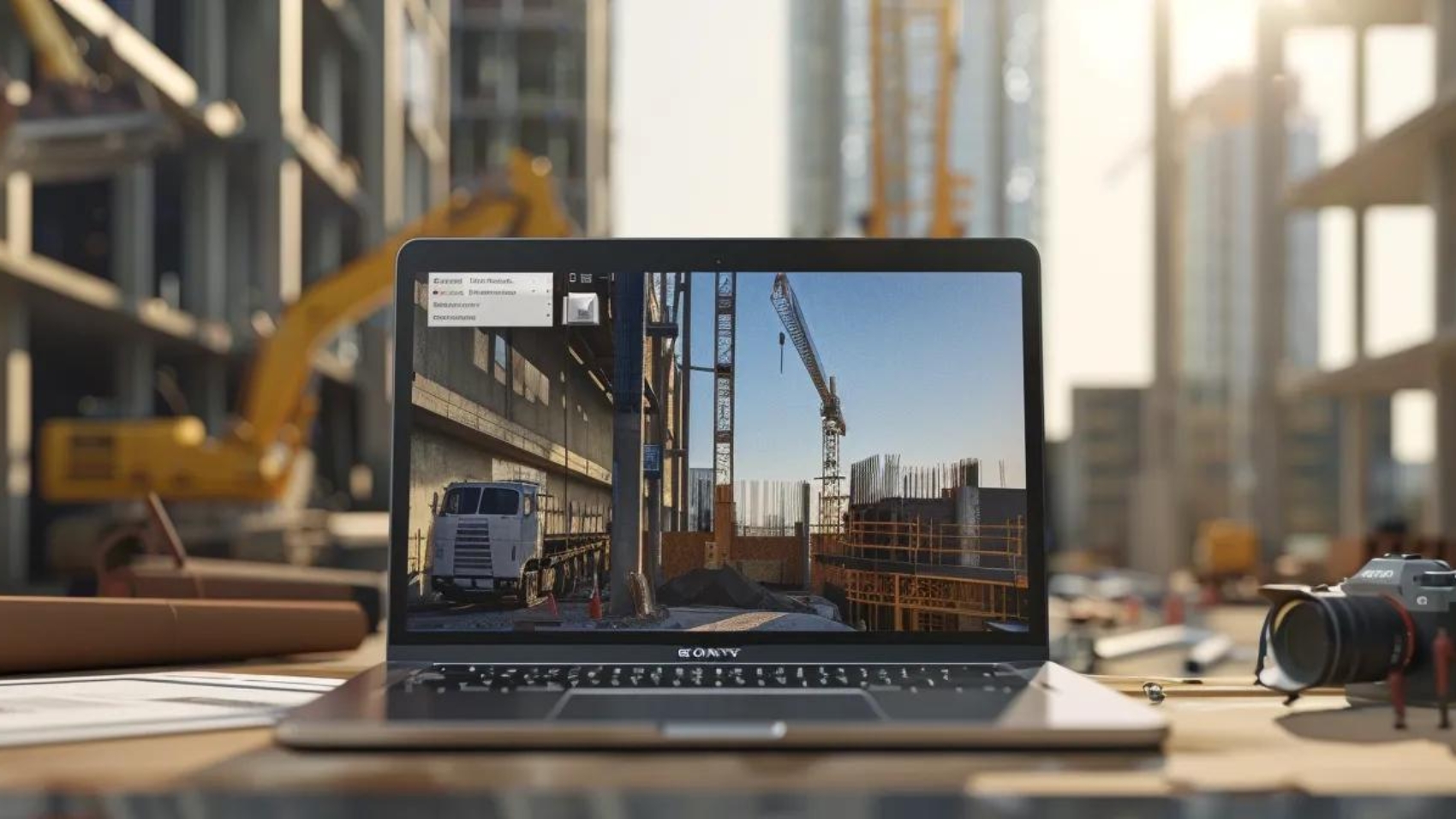 a sleek, modern website displayed on a laptop screen surrounded by construction equipment and blueprints on a bustling construction site.