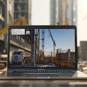 Laptop displaying a construction site with cranes and a truck, symbolizing effective SEO strategies for construction companies.