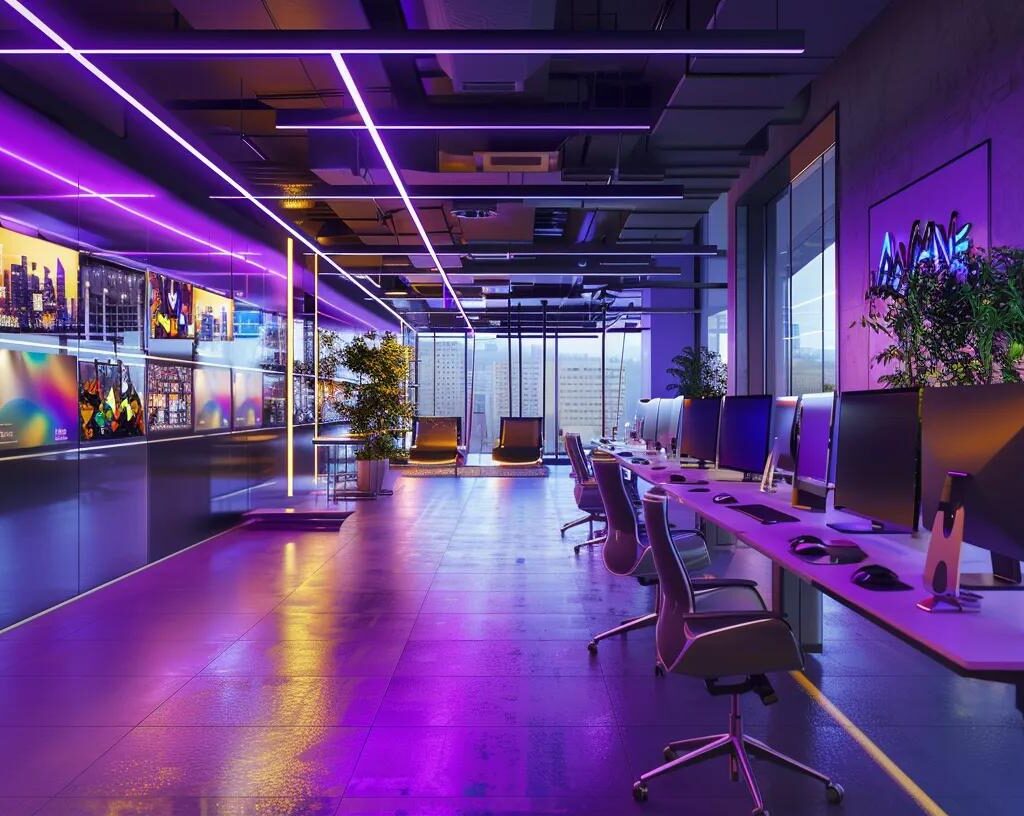 a sleek, modern workspace filled with vibrant branding materials and digital screens, showcasing the dynamic process of refining brand identity and market position in a collaborative atmosphere.