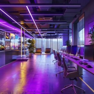 Sleek modern workspace featuring multiple computer stations, vibrant purple lighting, and large windows, reflecting a contemporary branding environment for construction marketing strategies.