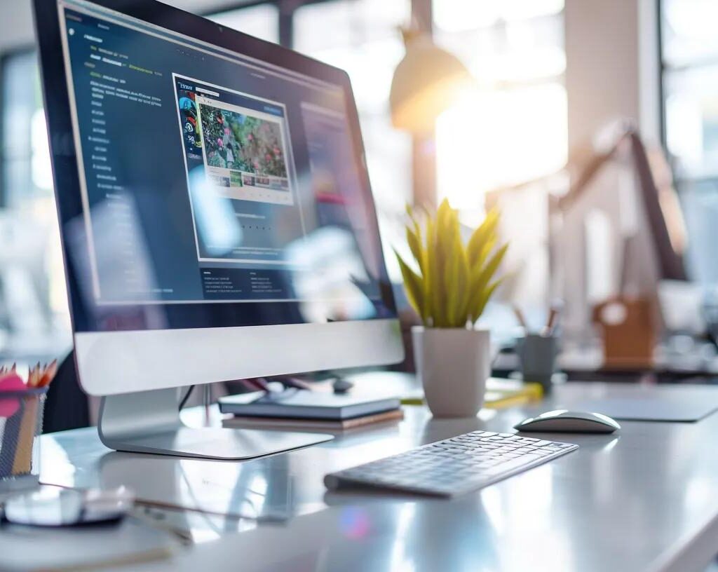 a sleek, modern workspace illuminated by natural light showcases a vibrant computer screen displaying an engaging website design, symbolizing the transformation of digital presence.